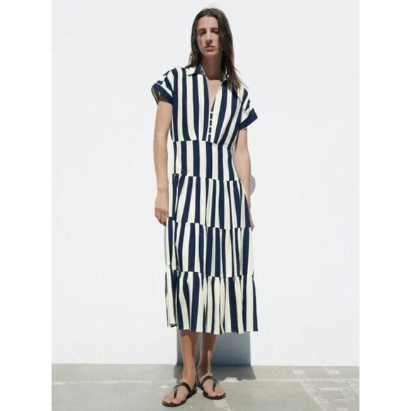 Zara Womens Shirt Midi Cut Out Dress XS Blue White Striped Tiered 3077/767 NWT - Picture 1 of 11